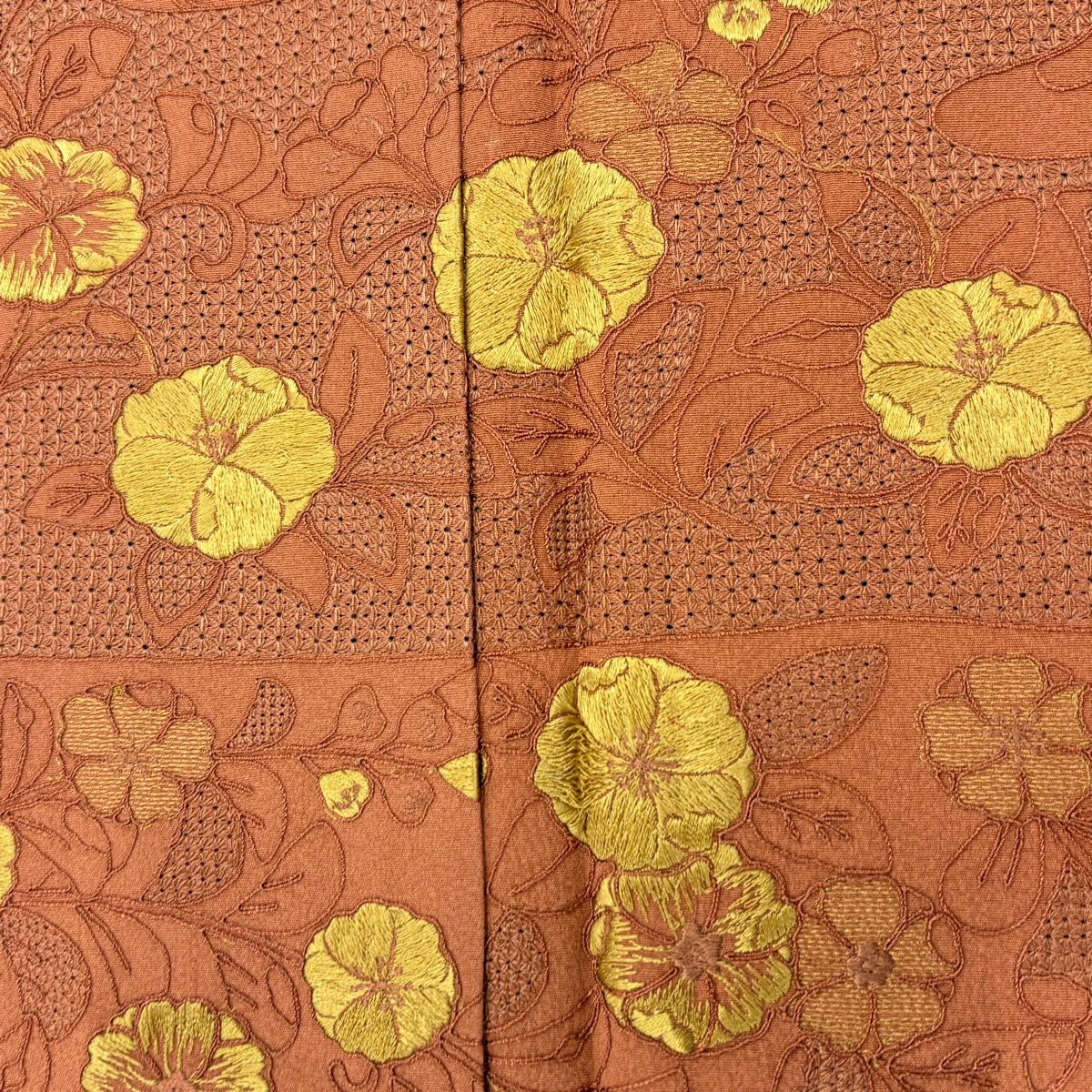 付下 身長161.5cm 袖長64cm M 雙層 草花紋紋 霞刺繡 紅茶 純蠶絲 秀品級