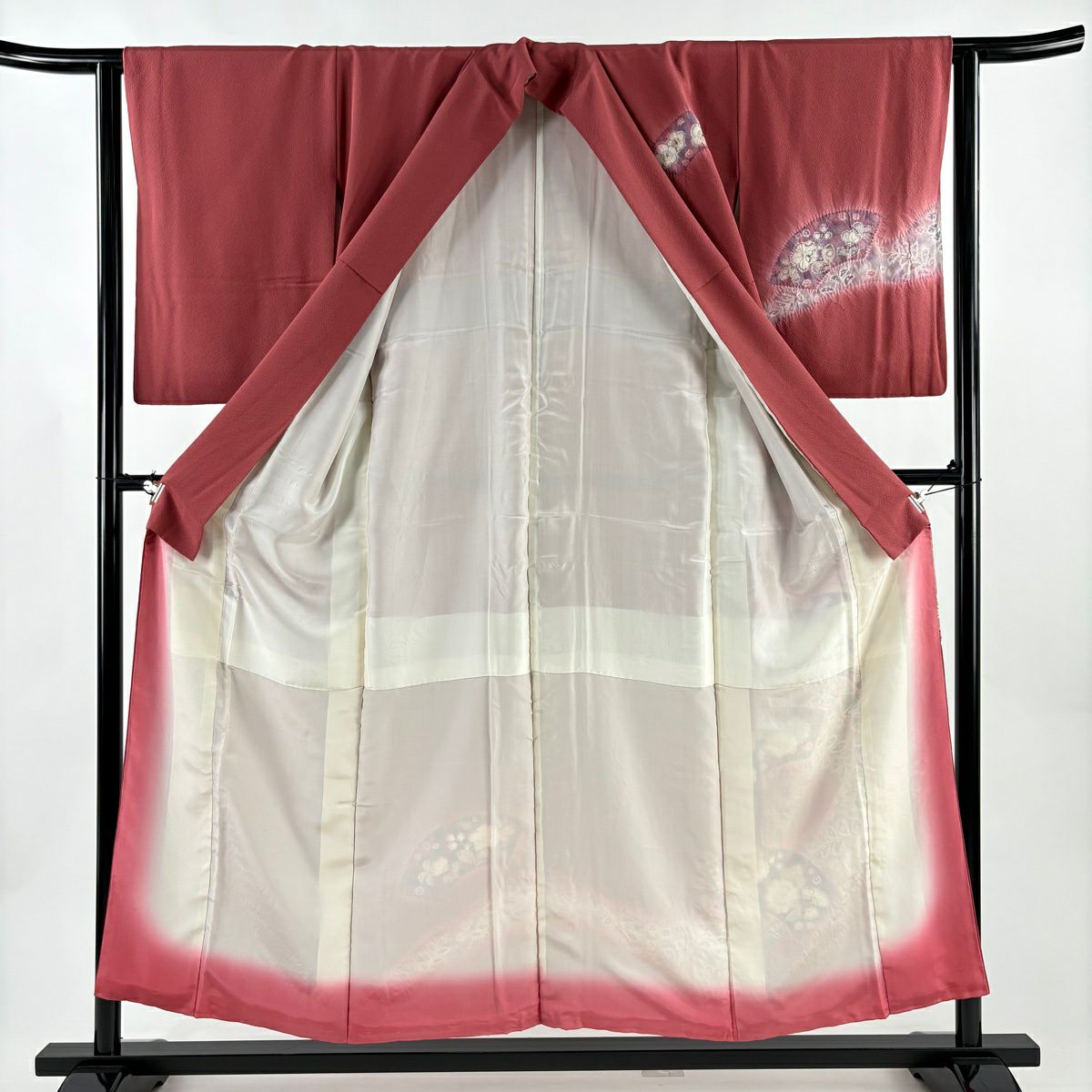 【美品】 付下 身長153.5cm 袖長63.5cm S 雙層 扇子面 辻花染 漸層 深粉 純蠶絲 秀品級 一つ紋