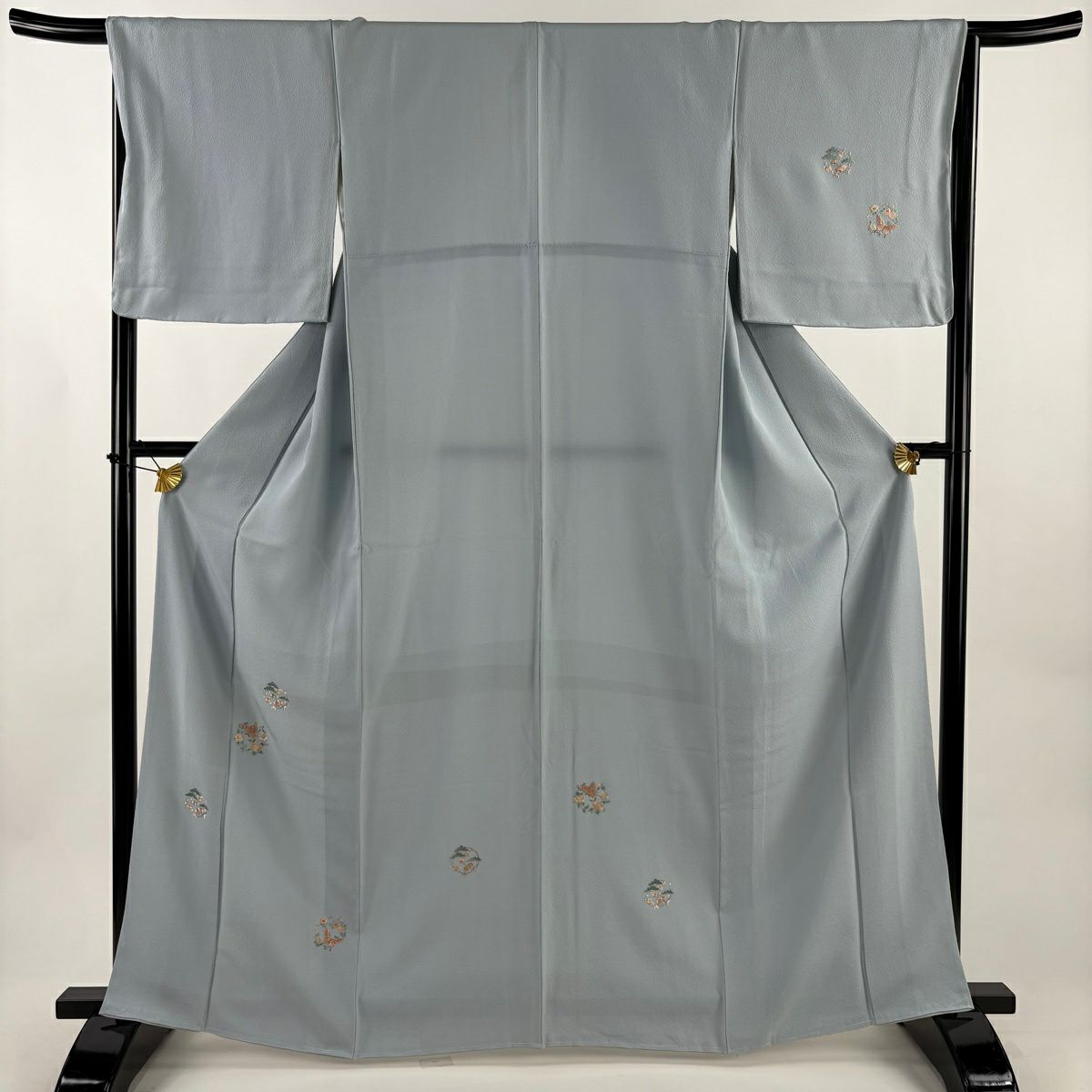 付下 身長164.5cm 袖長66cm M 雙層 花丸紋 蝴蝶 刺繡 金絲 青灰色 純蠶絲 優品級