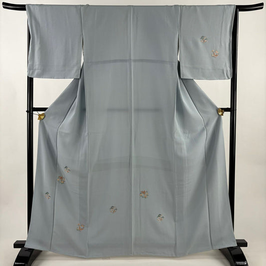 付下 身長164.5cm 袖長66cm M 雙層 花丸紋 蝴蝶 刺繡 金絲 青灰色 純蠶絲 優品級