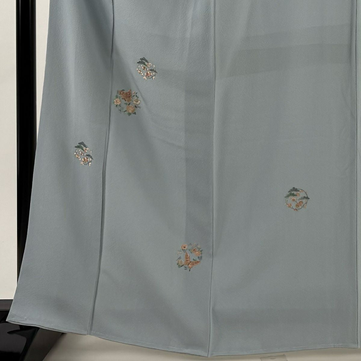 付下 身長164.5cm 袖長66cm M 雙層 花丸紋 蝴蝶 刺繡 金絲 青灰色 純蠶絲 優品級