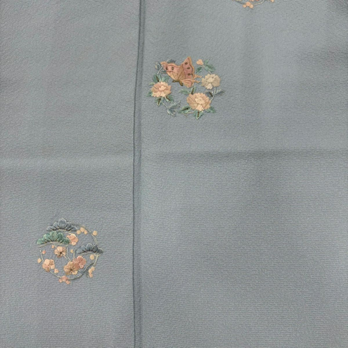 付下 身長164.5cm 袖長66cm M 雙層 花丸紋 蝴蝶 刺繡 金絲 青灰色 純蠶絲 優品級