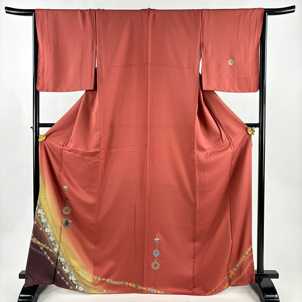 【美品】 付下 身長169cm 袖長65cm M 雙層 華紋 草花紋紋 金銀彩 水晶紅茶 純蠶絲 優品級