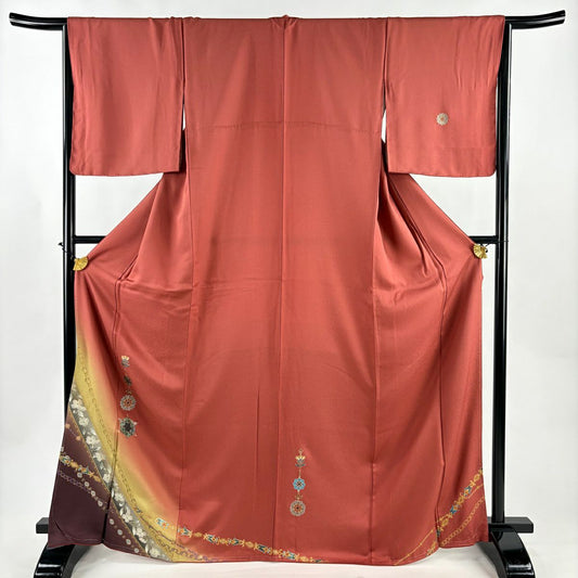 【美品】 付下 身長169cm 袖長65cm M 雙層 華紋 草花紋紋 金銀彩 水晶紅茶 純蠶絲 優品級