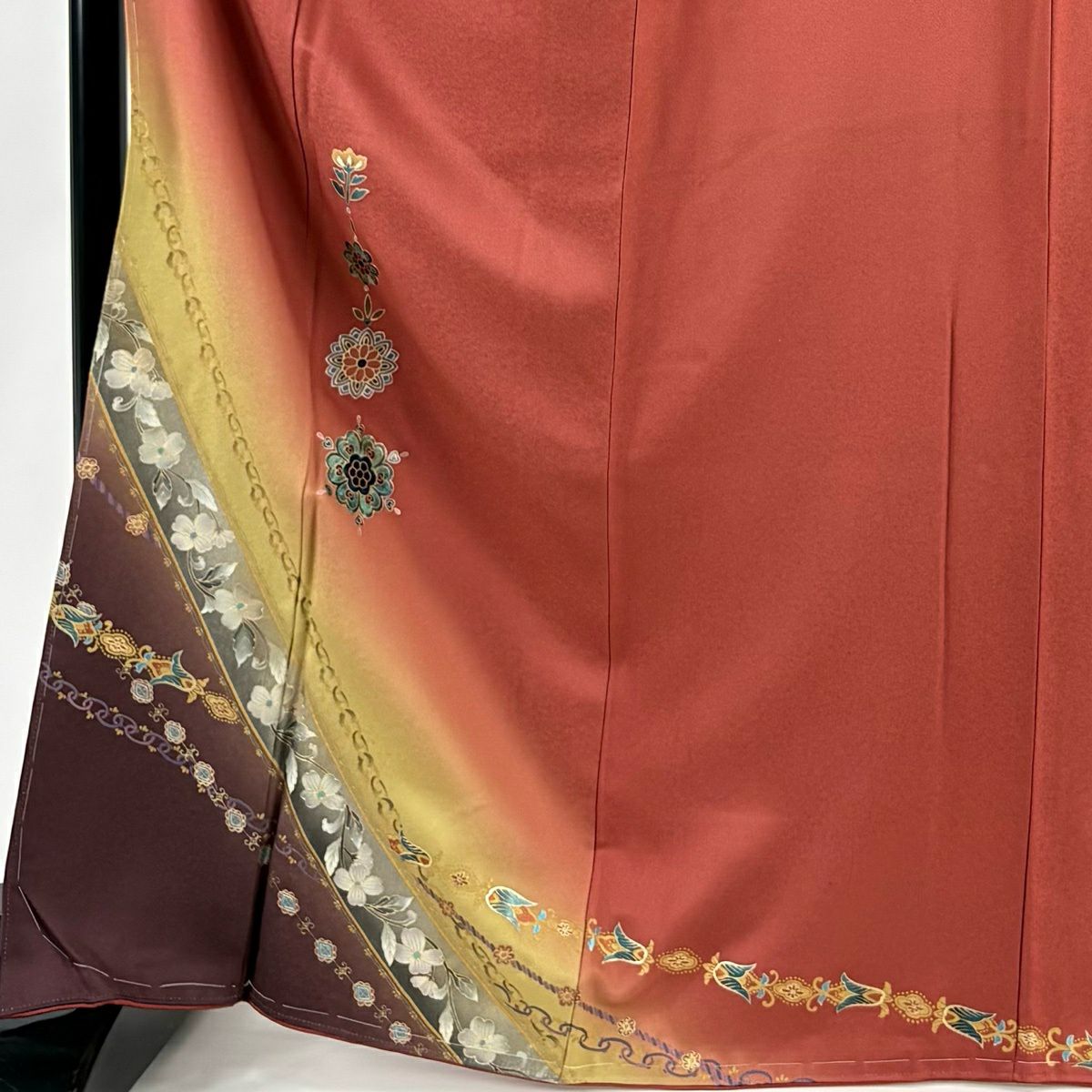 【美品】 付下 身長169cm 袖長65cm M 雙層 華紋 草花紋紋 金銀彩 水晶紅茶 純蠶絲 優品級