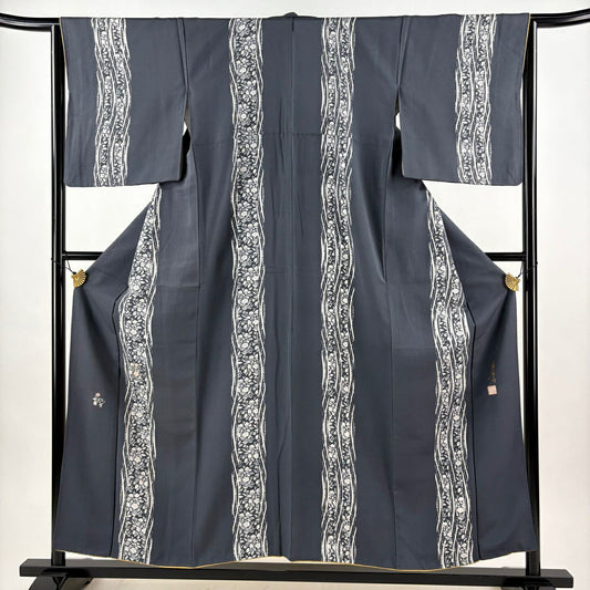付下 身長156cm 袖長65cm M 雙層 落款 花唐草紋 よろけ縞 刺繡 銀線 灰 純蠶絲 秀品級