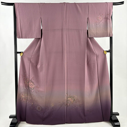 【美品】 付下 身長167.5cm 袖長66cm M 雙層 鳳凰 華紋 刺繡 金金箔 淺紫 純蠶絲 優品級