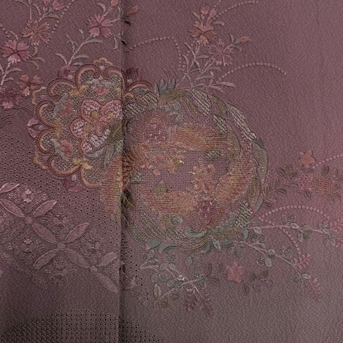 【美品】 付下 身長167.5cm 袖長66cm M 雙層 鳳凰 華紋 刺繡 金金箔 淺紫 純蠶絲 優品級