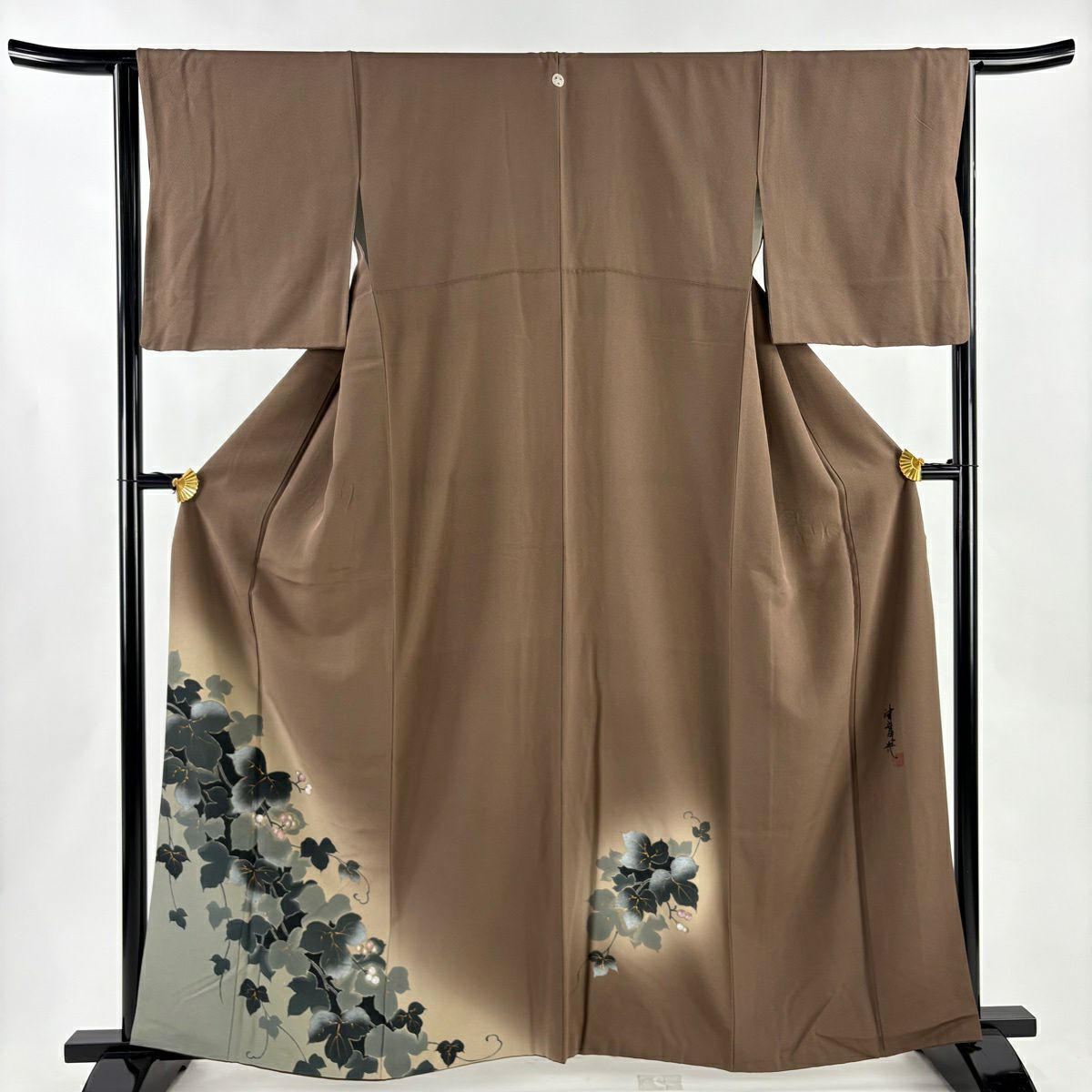 付下 身長161.5cm 袖長64cm M 雙層 落款あり 葉與實 金銀彩 漸層 茶 純蠶絲 優品級 一個紋