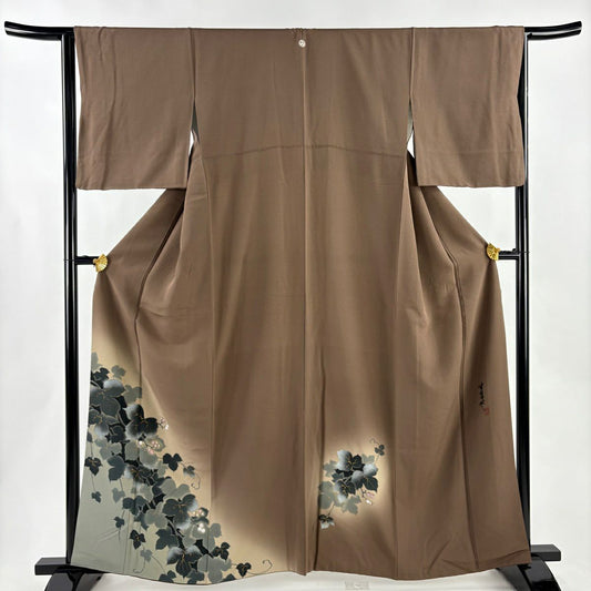付下 身長161.5cm 袖長64cm M 雙層 落款あり 葉與實 金銀彩 漸層 茶 純蠶絲 優品級 一個紋