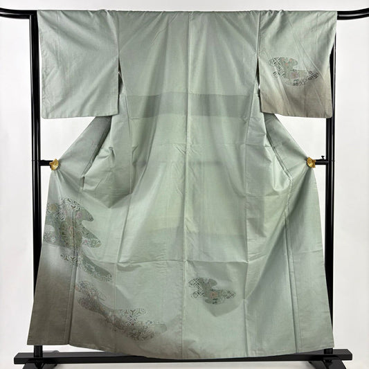 付下 身長158.5cm 袖長65.5cm M 雙層 紬織織 大和 花鳥 霞 刺繡 漸層 灰綠 純蠶絲 優品級