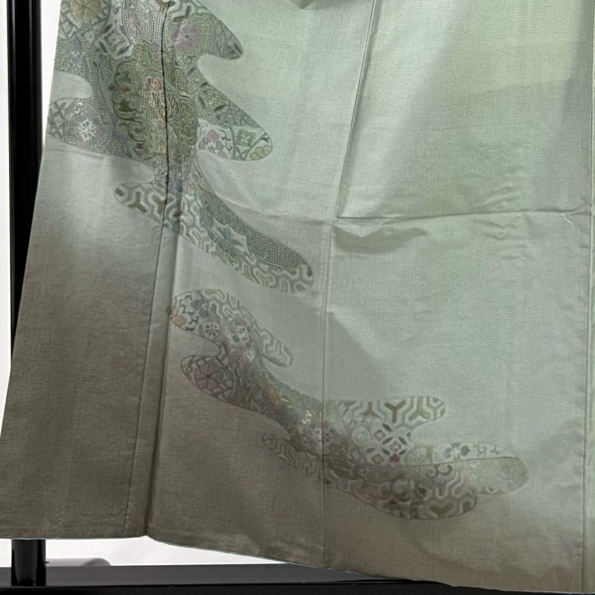 付下 身長158.5cm 袖長65.5cm M 雙層 紬織織 大和 花鳥 霞 刺繡 漸層 灰綠 純蠶絲 優品級