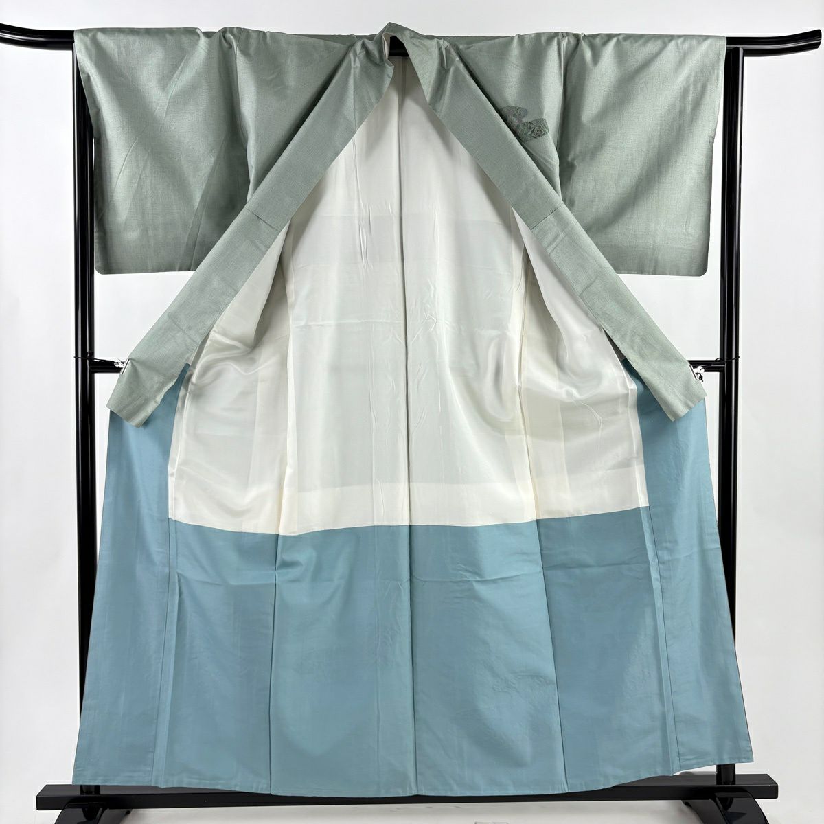 付下 身長158.5cm 袖長65.5cm M 雙層 紬織織 大和 花鳥 霞 刺繡 漸層 灰綠 純蠶絲 優品級
