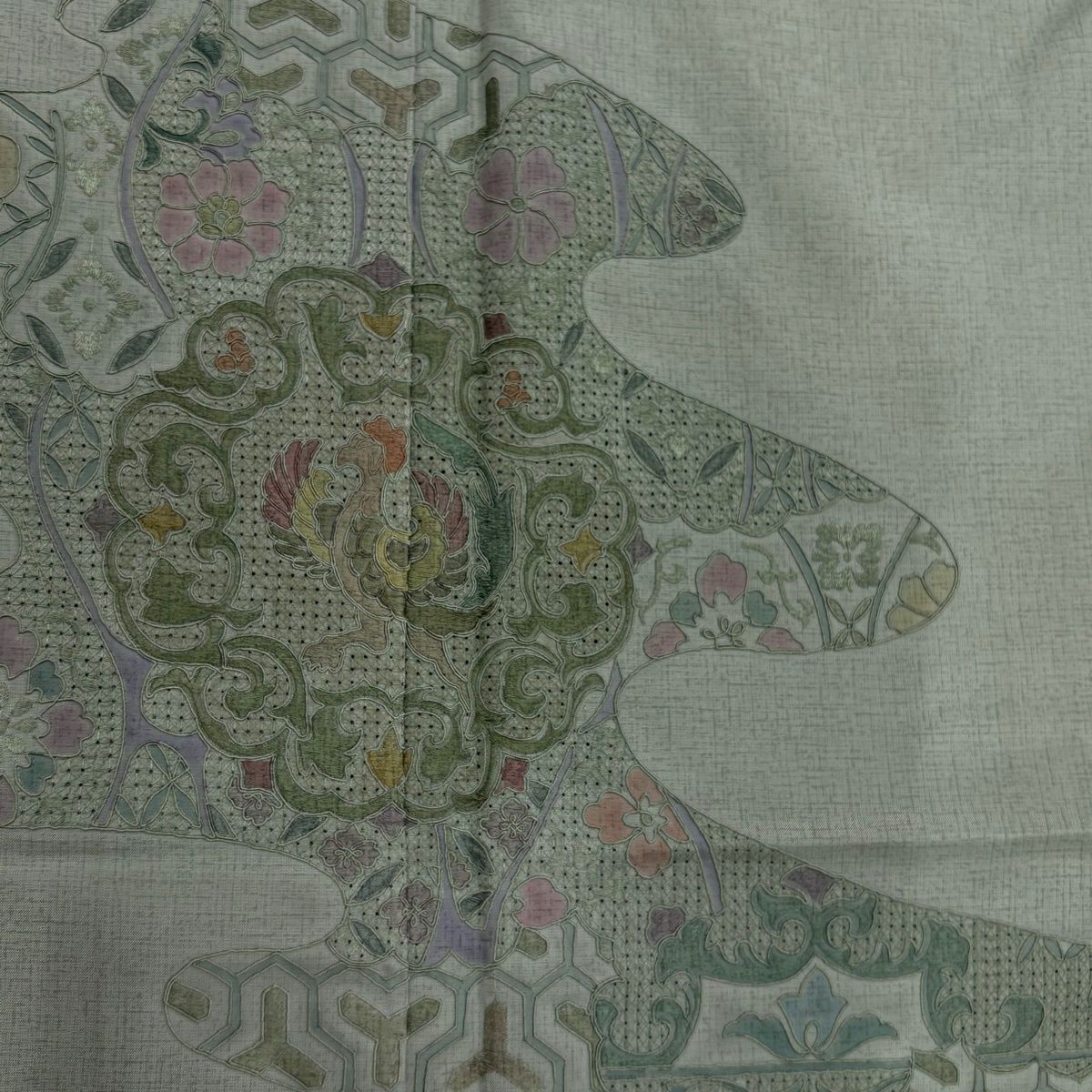 付下 身長158.5cm 袖長65.5cm M 雙層 紬織織 大和 花鳥 霞 刺繡 漸層 灰綠 純蠶絲 優品級