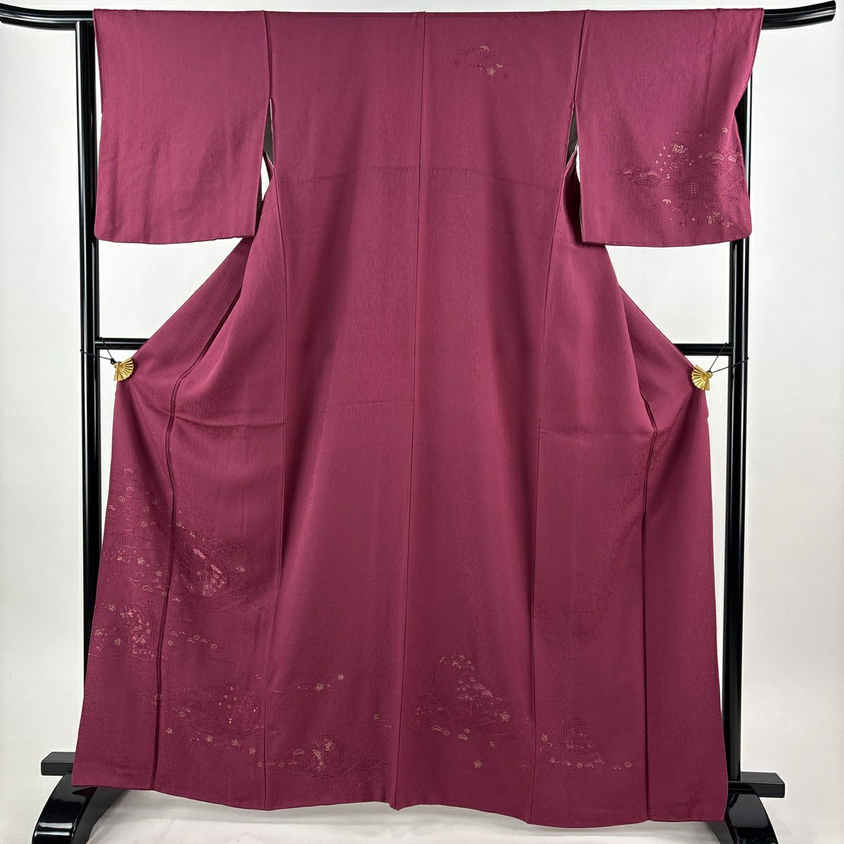 【美品】 付下 身長165cm 袖長65.5cm M 雙層 松樹竹子梅花 御所車 金糸 刺繡 紅紫 純蠶絲 秀品級