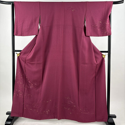 【美品】 付下 身長165cm 袖長65.5cm M 雙層 松樹竹子梅花 御所車 金糸 刺繡 紅紫 純蠶絲 秀品級