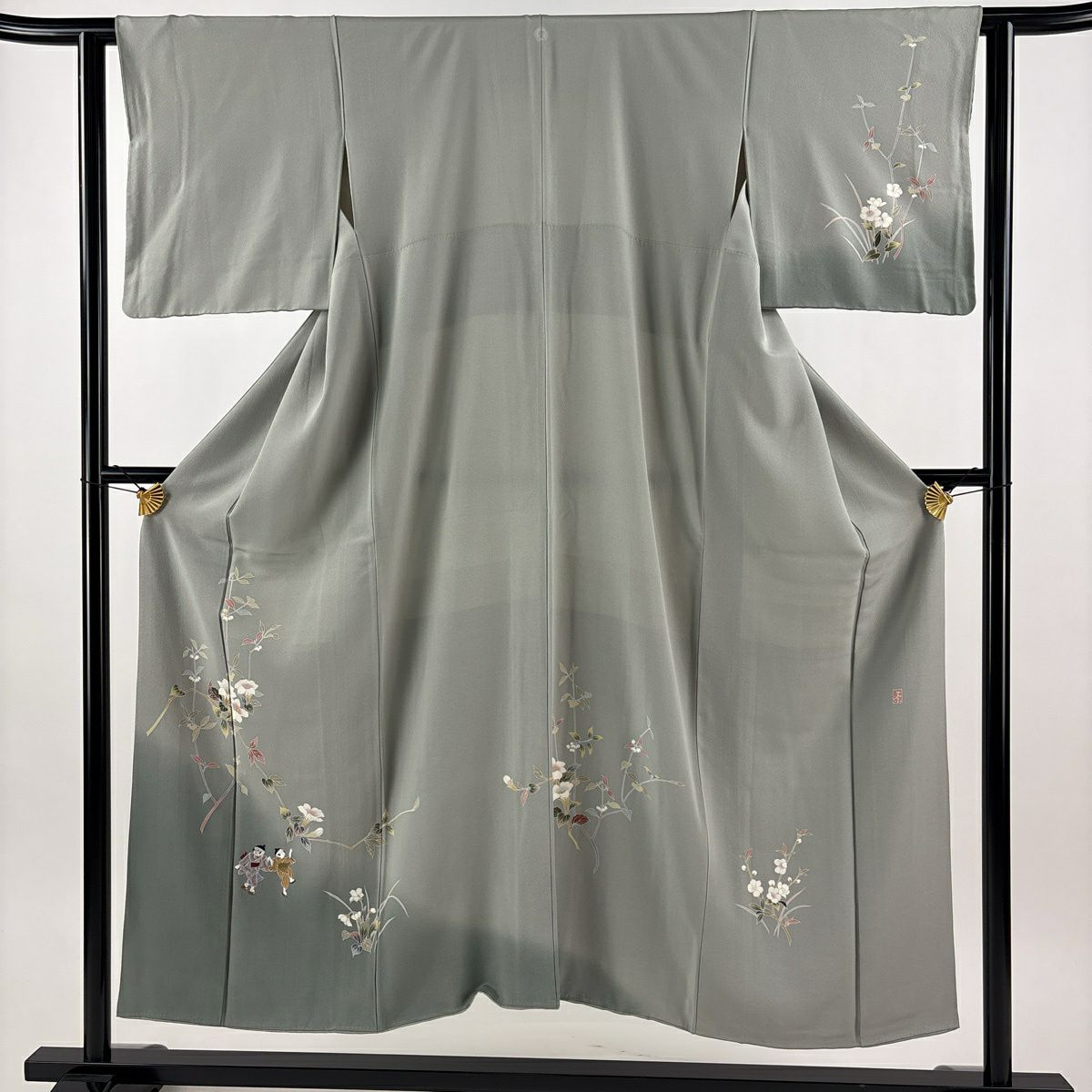 付下 身長150cm 袖長61.5cm S 雙層 落款有 枝花 童 刺繡 漸層 灰綠 純蠶絲 秀品級 一つ紋