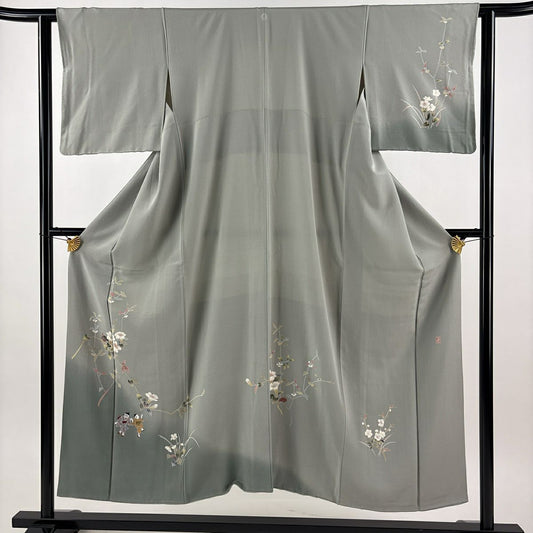 付下 身長150cm 袖長61.5cm S 雙層 落款有 枝花 童 刺繡 漸層 灰綠 純蠶絲 秀品級 一つ紋