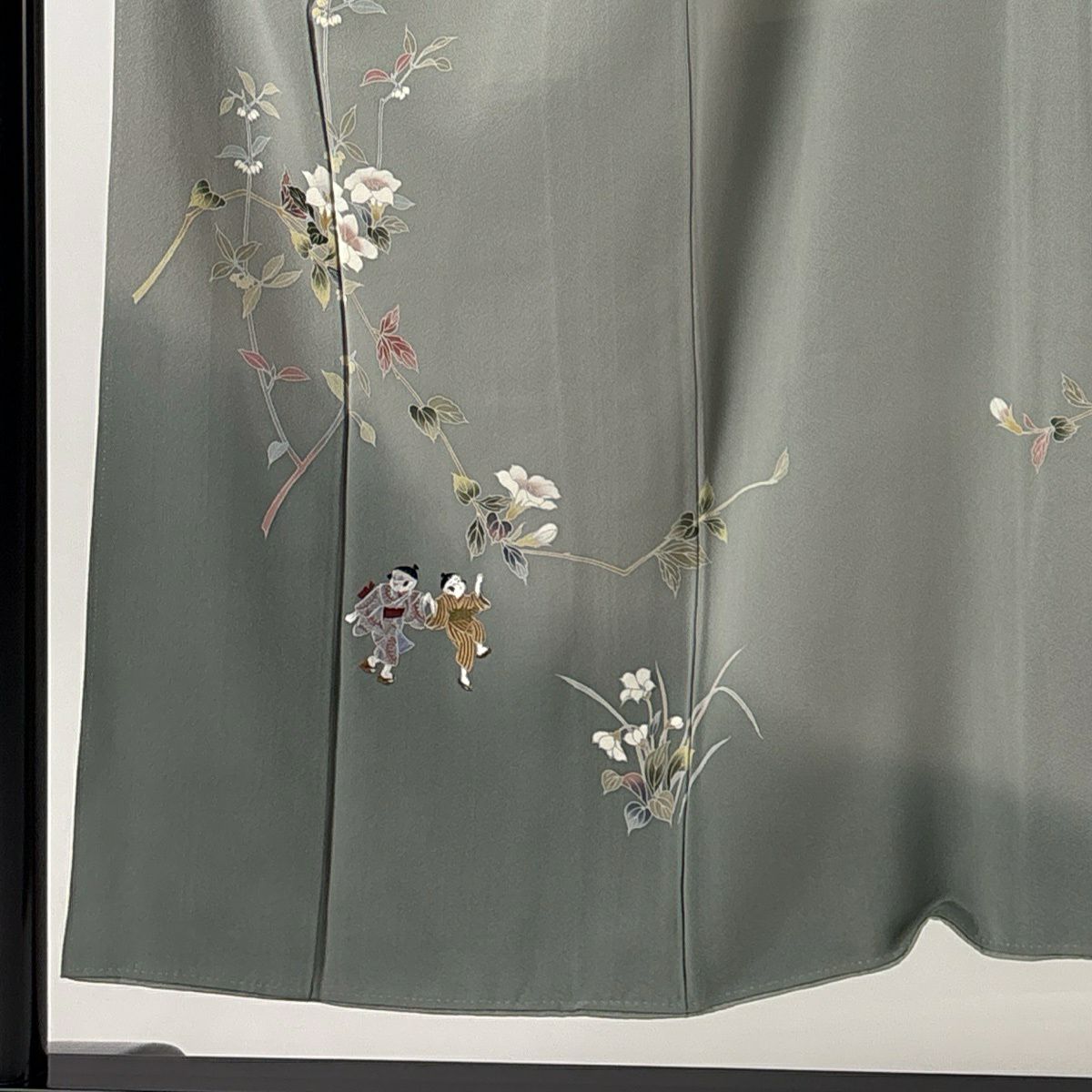 付下 身長150cm 袖長61.5cm S 雙層 落款有 枝花 童 刺繡 漸層 灰綠 純蠶絲 秀品級 一つ紋