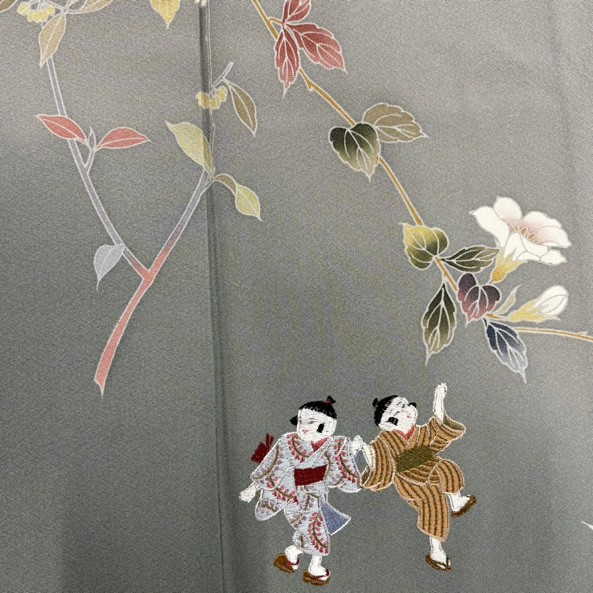 付下 身長150cm 袖長61.5cm S 雙層 落款有 枝花 童 刺繡 漸層 灰綠 純蠶絲 秀品級 一つ紋