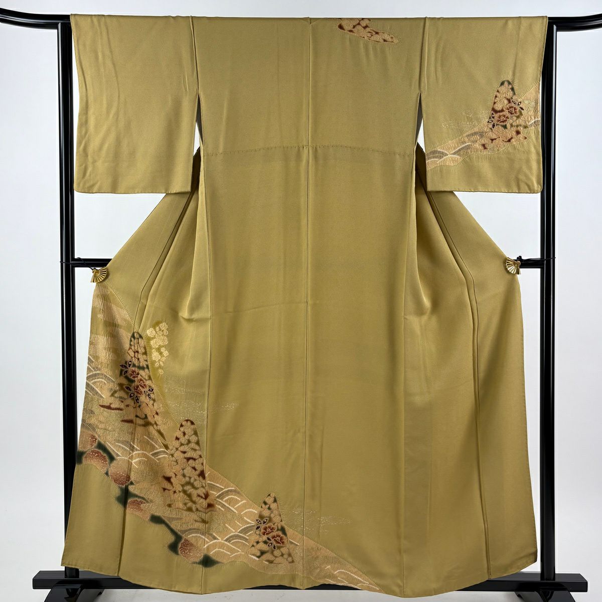 【美品】 付下 身長158cm 袖長64cm M 雙層 椿 波 金銀彩 絞染 山吹茶 純蠶絲 秀品級