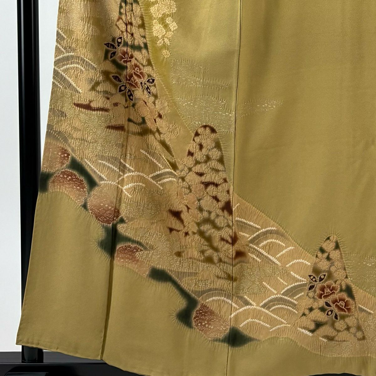 【美品】 付下 身長158cm 袖長64cm M 雙層 椿 波 金銀彩 絞染 山吹茶 純蠶絲 秀品級
