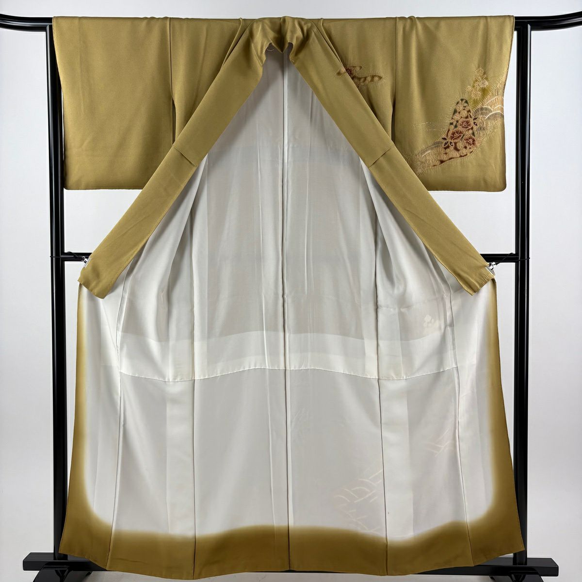【美品】 付下 身長158cm 袖長64cm M 雙層 椿 波 金銀彩 絞染 山吹茶 純蠶絲 秀品級