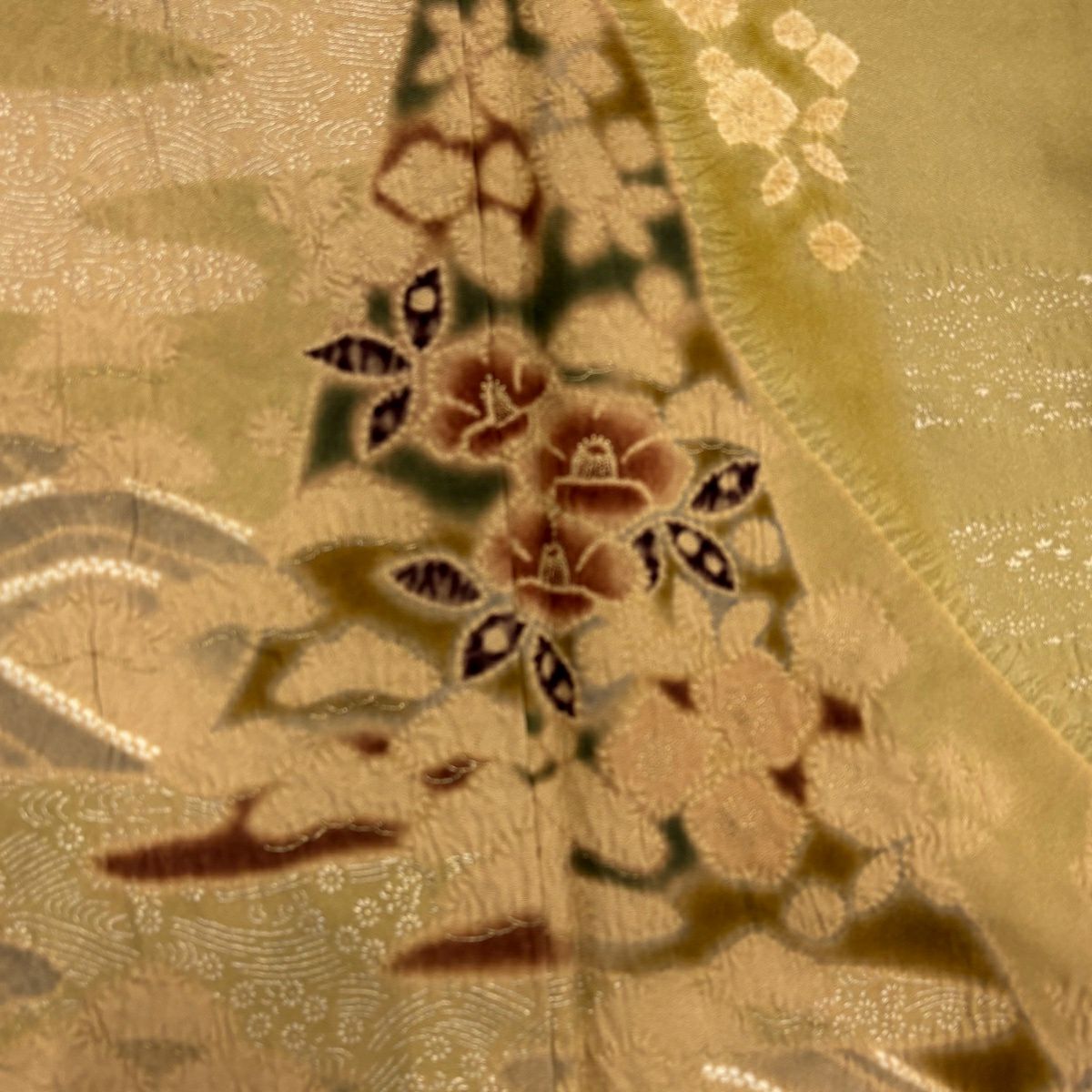 【美品】 付下 身長158cm 袖長64cm M 雙層 椿 波 金銀彩 絞染 山吹茶 純蠶絲 秀品級