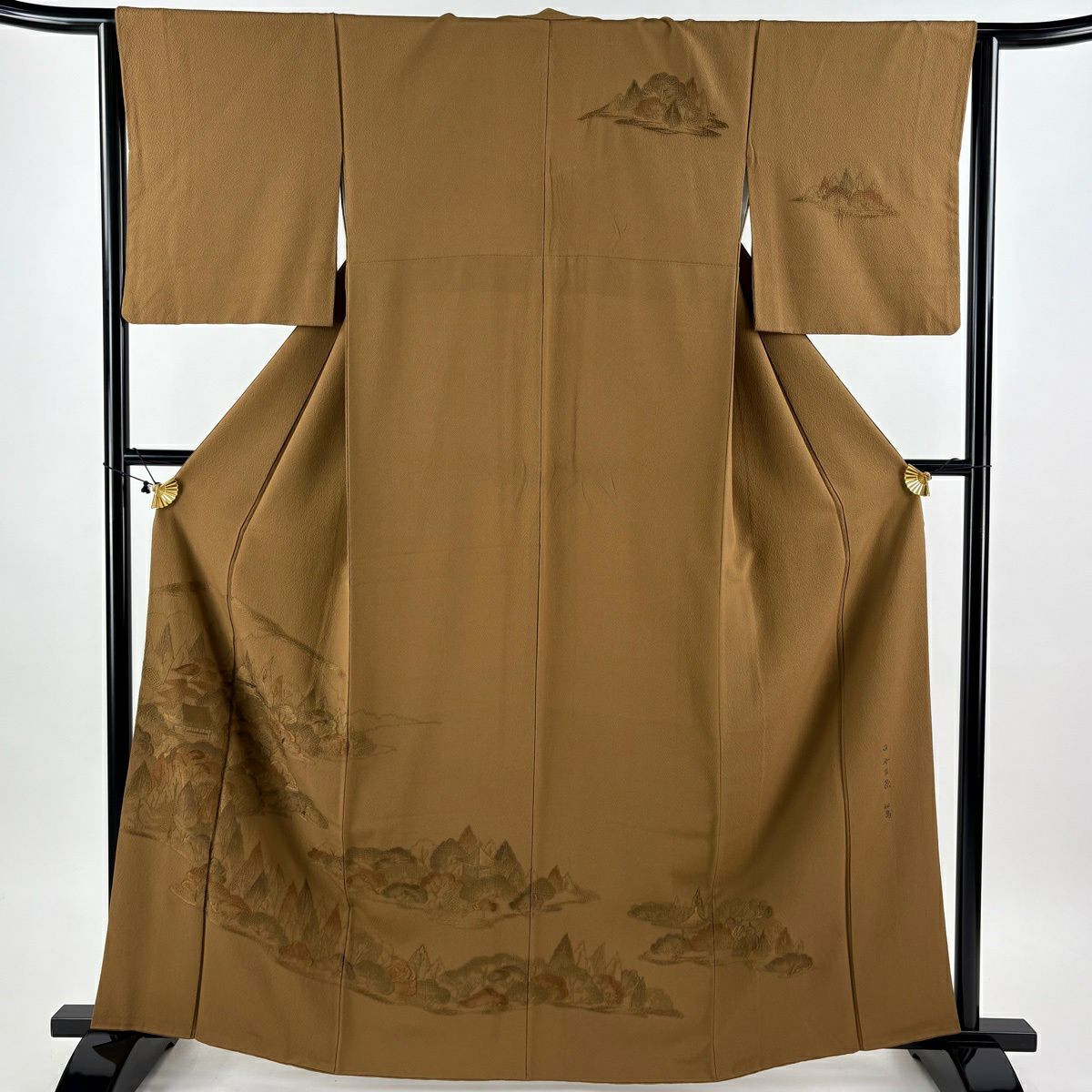 付下 身長163cm 袖長63.5cm S 雙層 日本三景 松樹島 松樹 建物 刺繡 茶 純蠶絲 秀品級