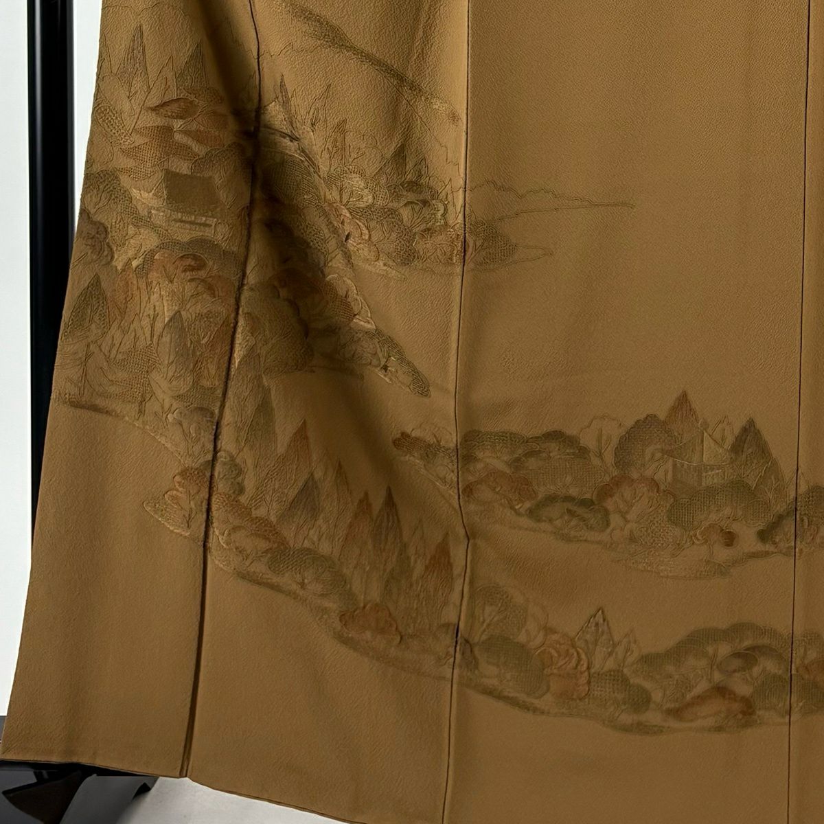 付下 身長163cm 袖長63.5cm S 雙層 日本三景 松樹島 松樹 建物 刺繡 茶 純蠶絲 秀品級