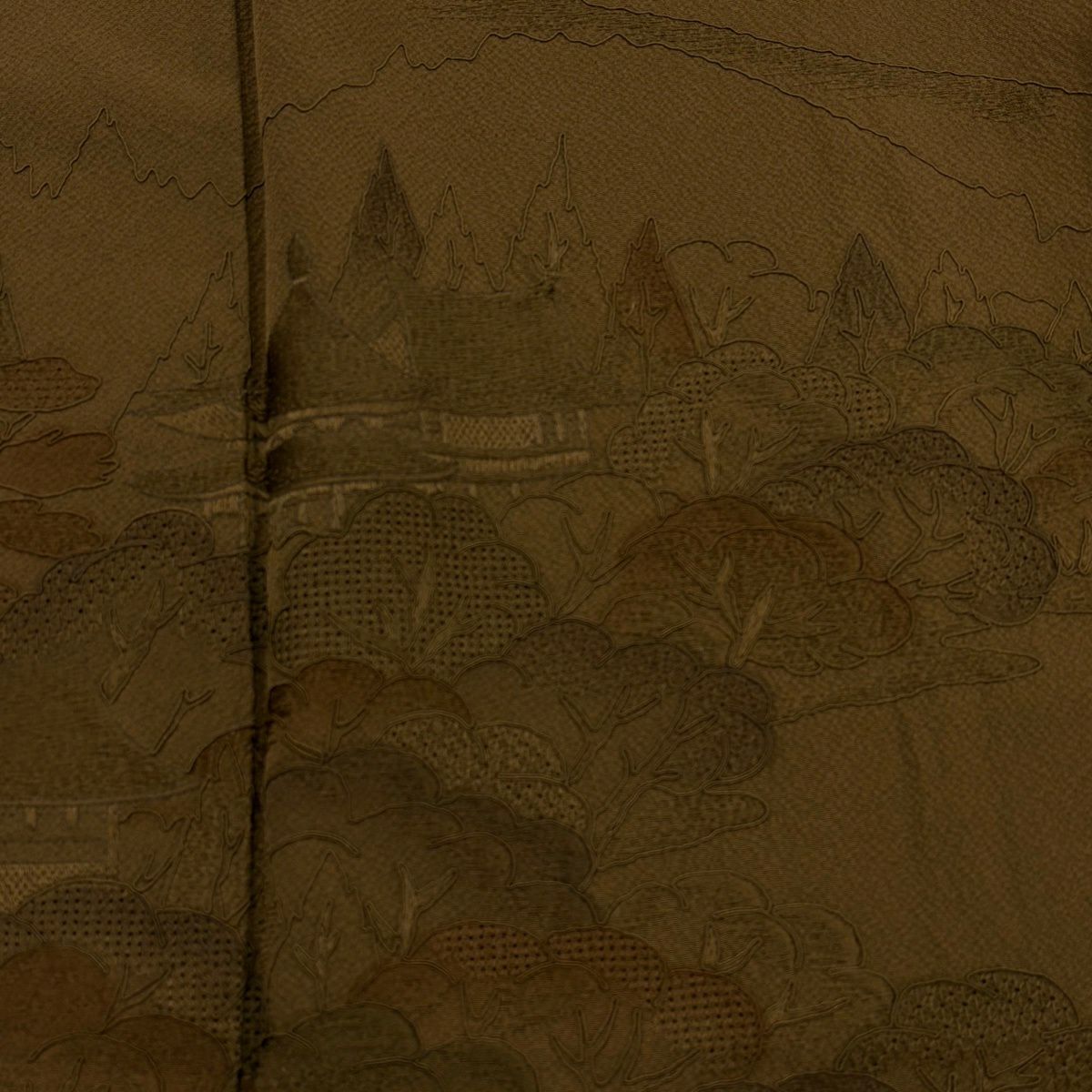 付下 身長163cm 袖長63.5cm S 雙層 日本三景 松樹島 松樹 建物 刺繡 茶 純蠶絲 秀品級