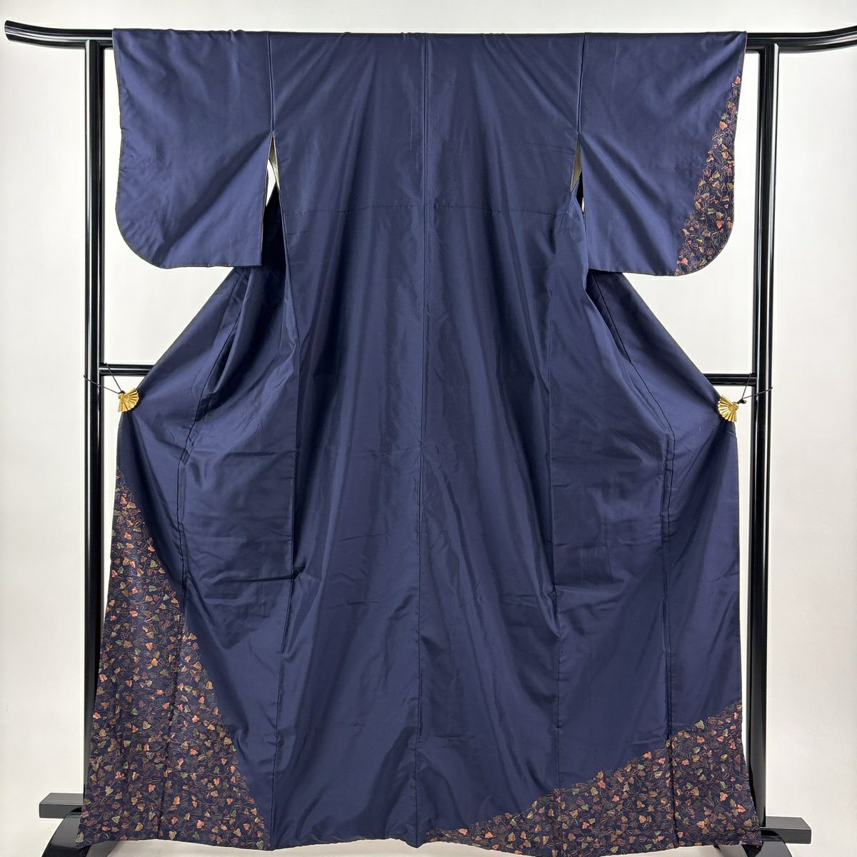 付下 身長164cm 袖長61cm S 雙層 紬織織 葉與果實 金線刺繡 深藍 純蠶絲 優品級