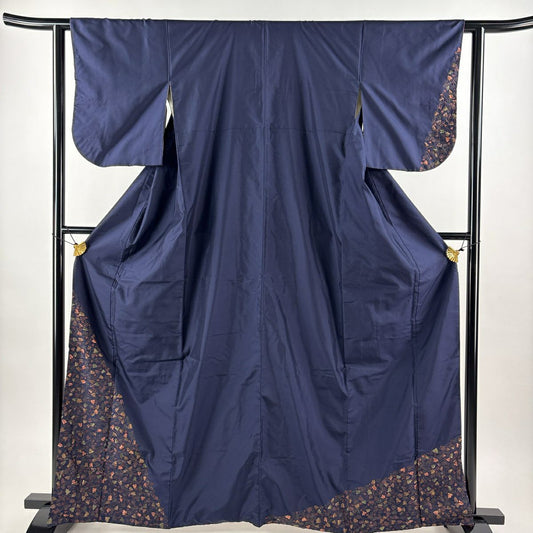 付下 身長164cm 袖長61cm S 雙層 紬織織 葉與果實 金線刺繡 深藍 純蠶絲 優品級
