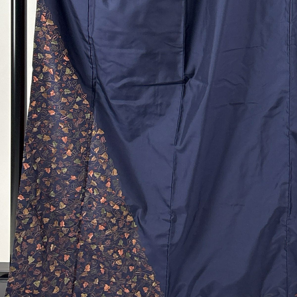 付下 身長164cm 袖長61cm S 雙層 紬織織 葉與果實 金線刺繡 深藍 純蠶絲 優品級