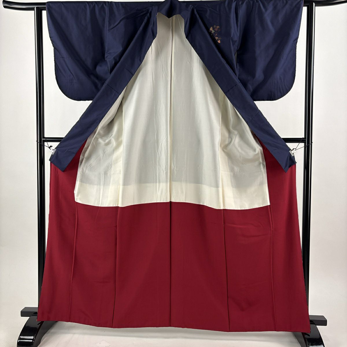 付下 身長164cm 袖長61cm S 雙層 紬織織 葉與果實 金線刺繡 深藍 純蠶絲 優品級
