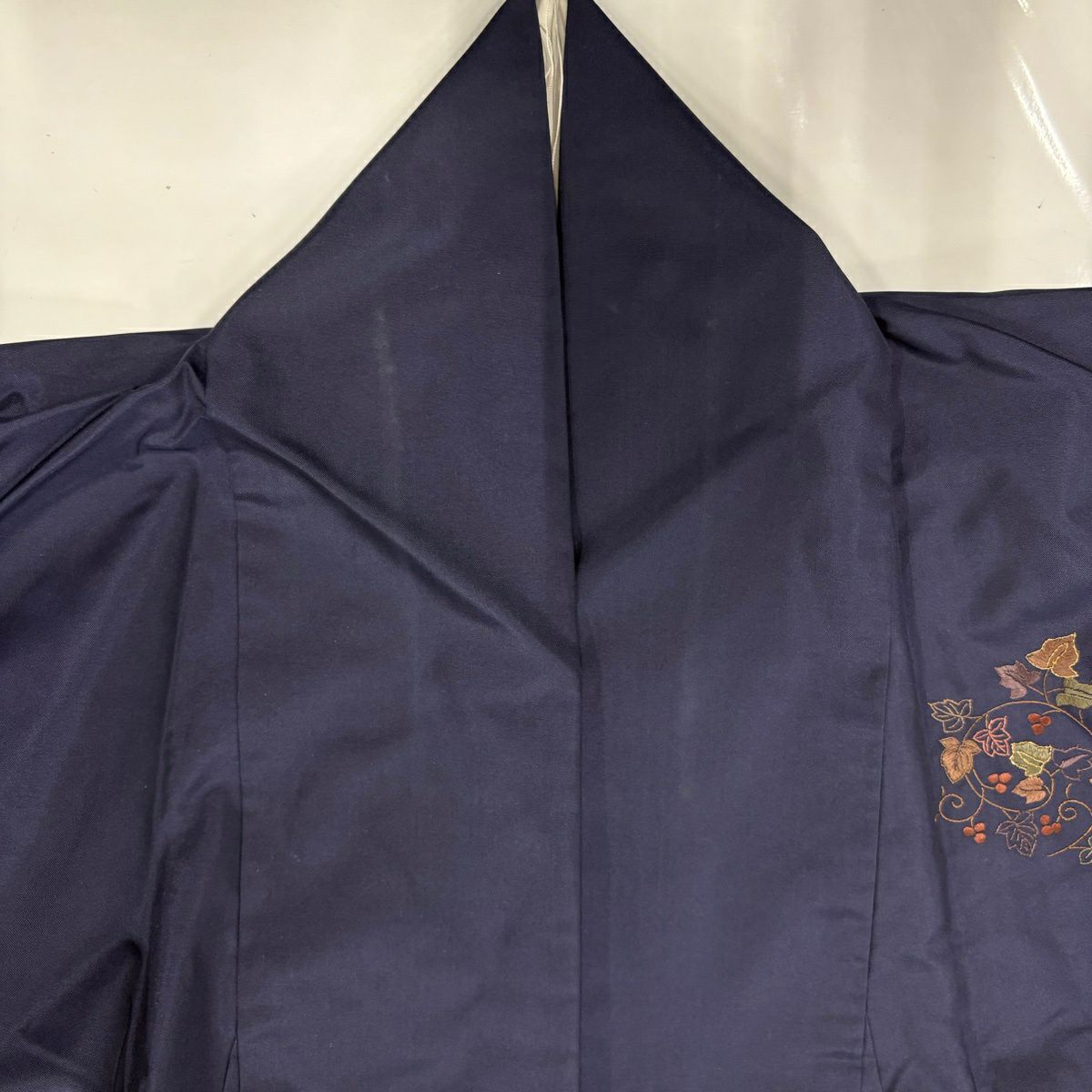 付下 身長164cm 袖長61cm S 雙層 紬織織 葉與果實 金線刺繡 深藍 純蠶絲 優品級