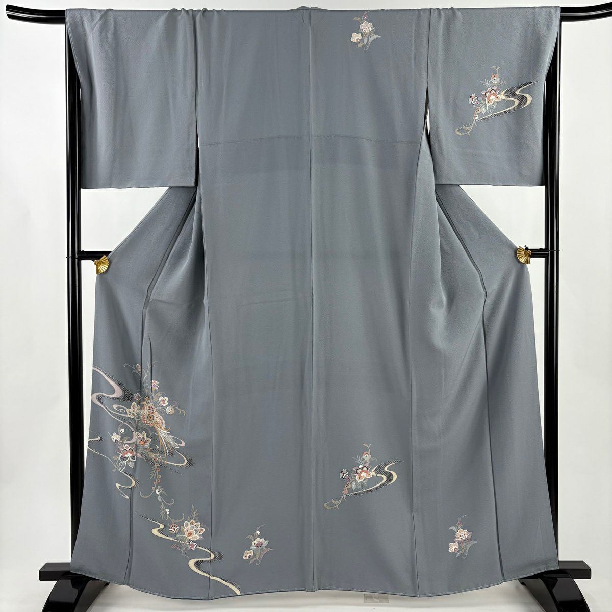 付下 身長163cm 袖長68cm L 雙層 流水 草鳥 金彩裝飾 青灰 純蠶絲 秀品級
