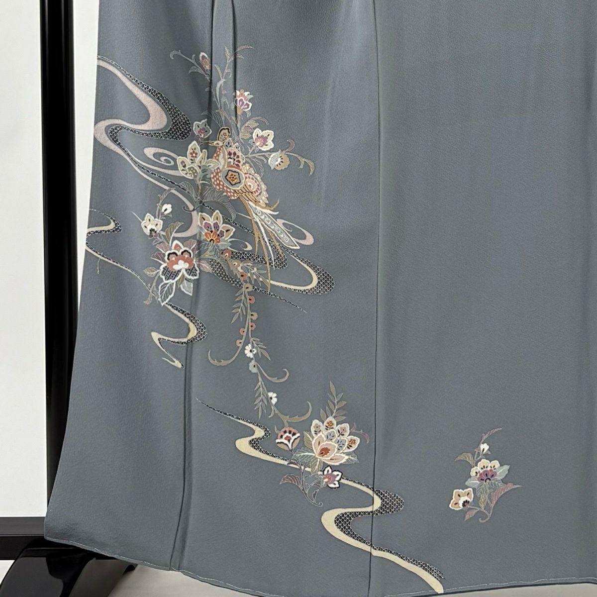 付下 身長163cm 袖長68cm L 雙層 流水 草鳥 金彩裝飾 青灰 純蠶絲 秀品級