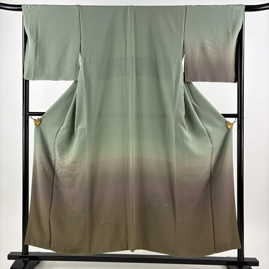 付下 身長153cm 袖長67.5cm L 雙層 御所車 松樹 刺繡 漸層 灰綠 純蠶絲 優品級