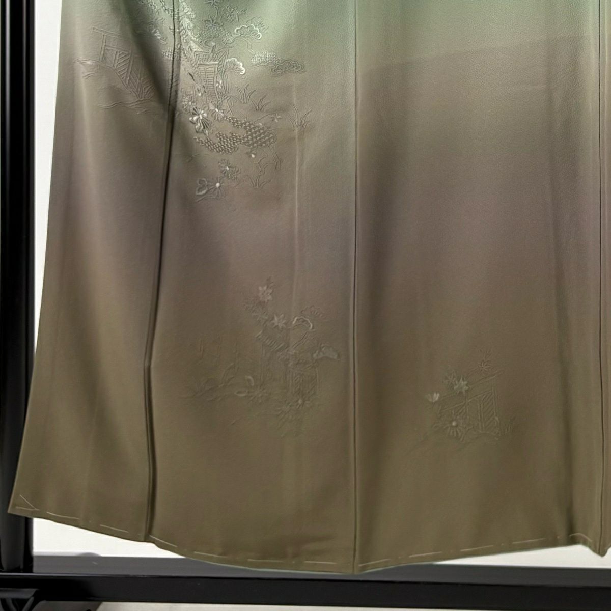付下 身長153cm 袖長67.5cm L 雙層 御所車 松樹 刺繡 漸層 灰綠 純蠶絲 優品級