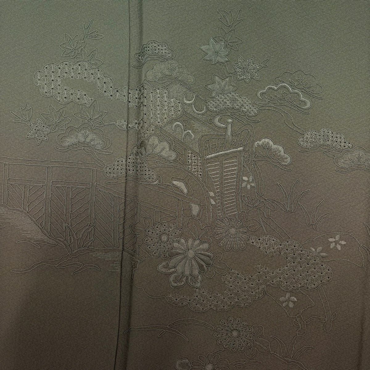 付下 身長153cm 袖長67.5cm L 雙層 御所車 松樹 刺繡 漸層 灰綠 純蠶絲 優品級