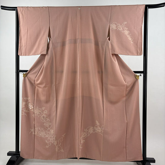 【美品】 付下 身長161cm 袖長64cm M 雙層 葡萄 刺繡 粉紅 純蠶絲 秀品級 一つ紋