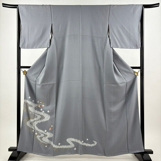 付下 身長161cm 袖長64cm M 雙層 花丸紋 流水刺繡 絞染 青灰 純蠶絲 秀品級