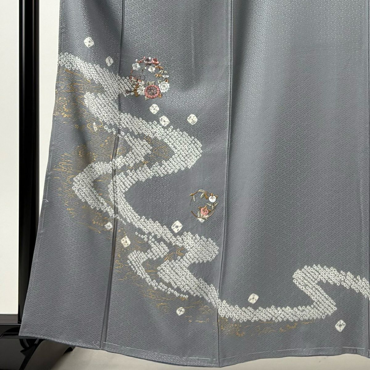 付下 身長161cm 袖長64cm M 雙層 花丸紋 流水刺繡 絞染 青灰 純蠶絲 秀品級