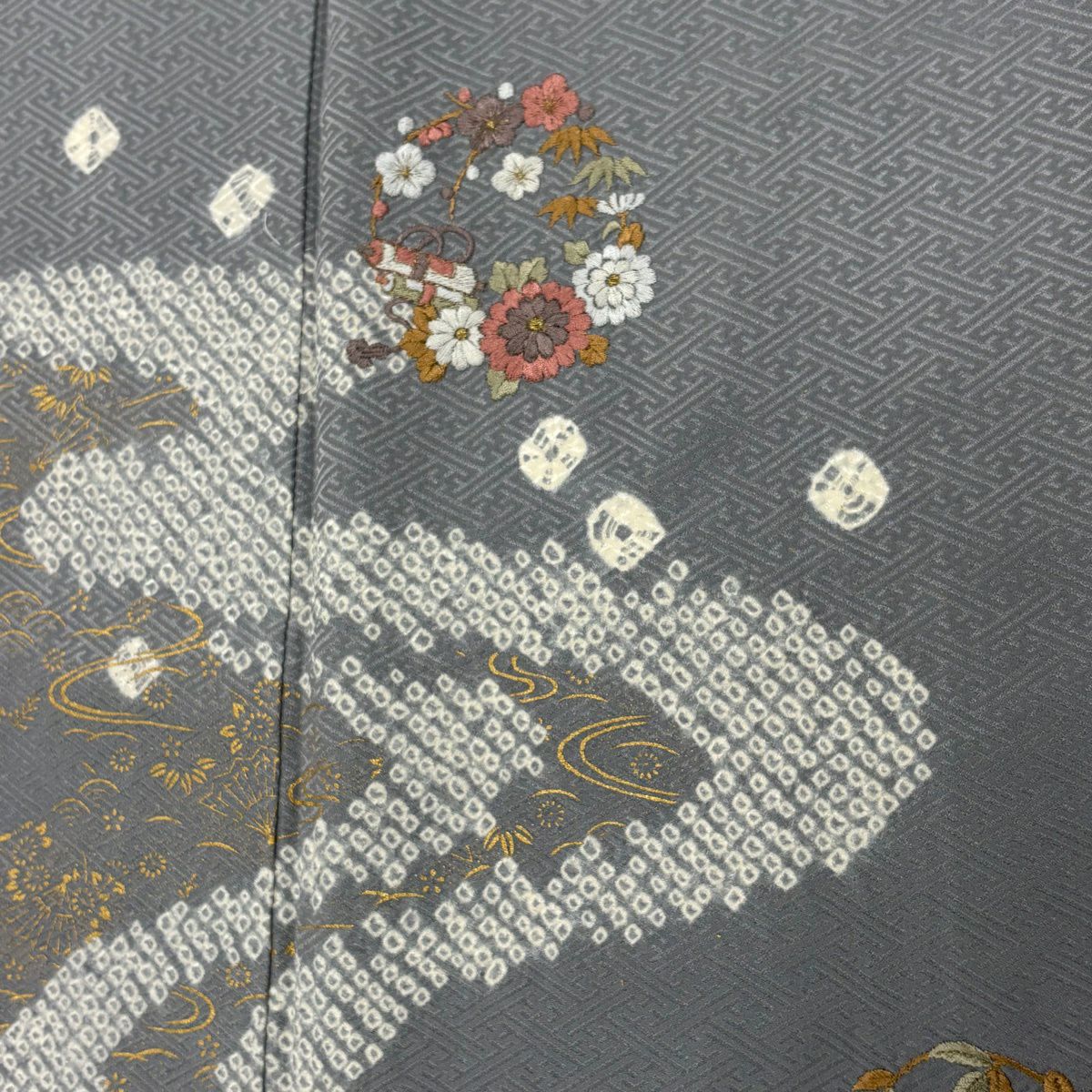 付下 身長161cm 袖長64cm M 雙層 花丸紋 流水刺繡 絞染 青灰 純蠶絲 秀品級
