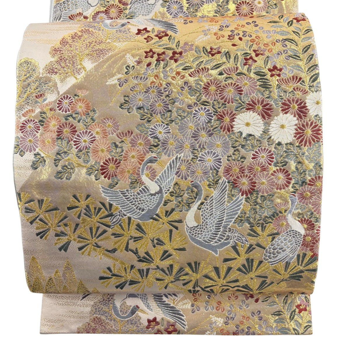 【美品】 袋帶 秀品級 九百織 蓬華 花鳥樂園紋 金金箔 淺茶 六通 純蠶絲