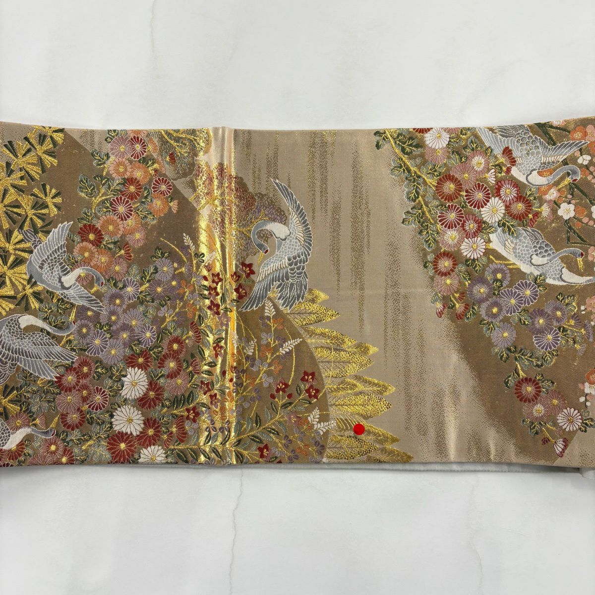 【美品】 袋帶 秀品級 九百織 蓬華 花鳥樂園紋 金金箔 淺茶 六通 純蠶絲
