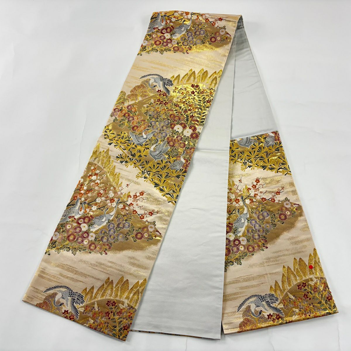 【美品】 袋帶 秀品級 九百織 蓬華 花鳥樂園紋 金金箔 淺茶 六通 純蠶絲
