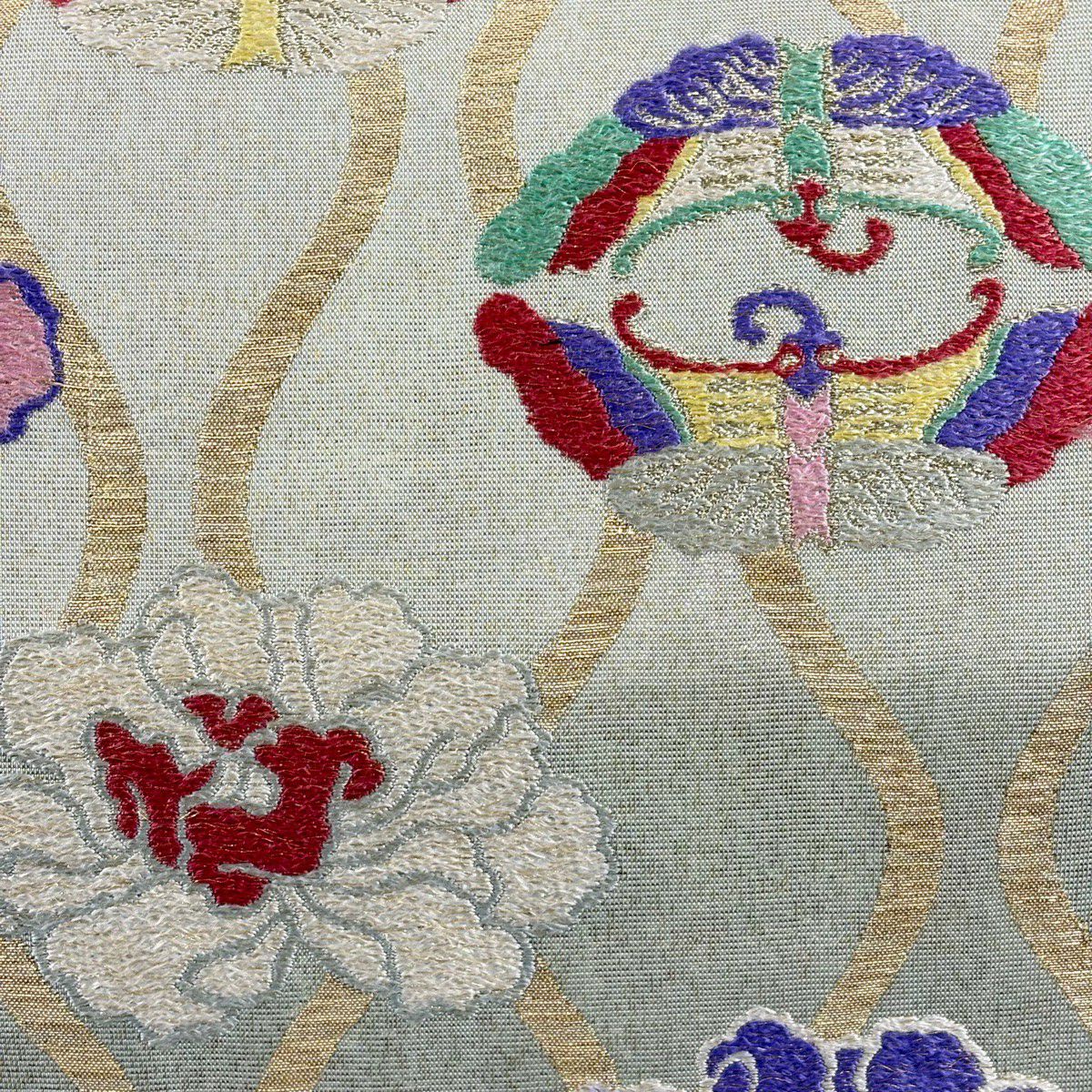 袋帶 秀品級 向蝶 牡丹 金糸 金金箔 灰綠 大鼓圖案 純蠶絲