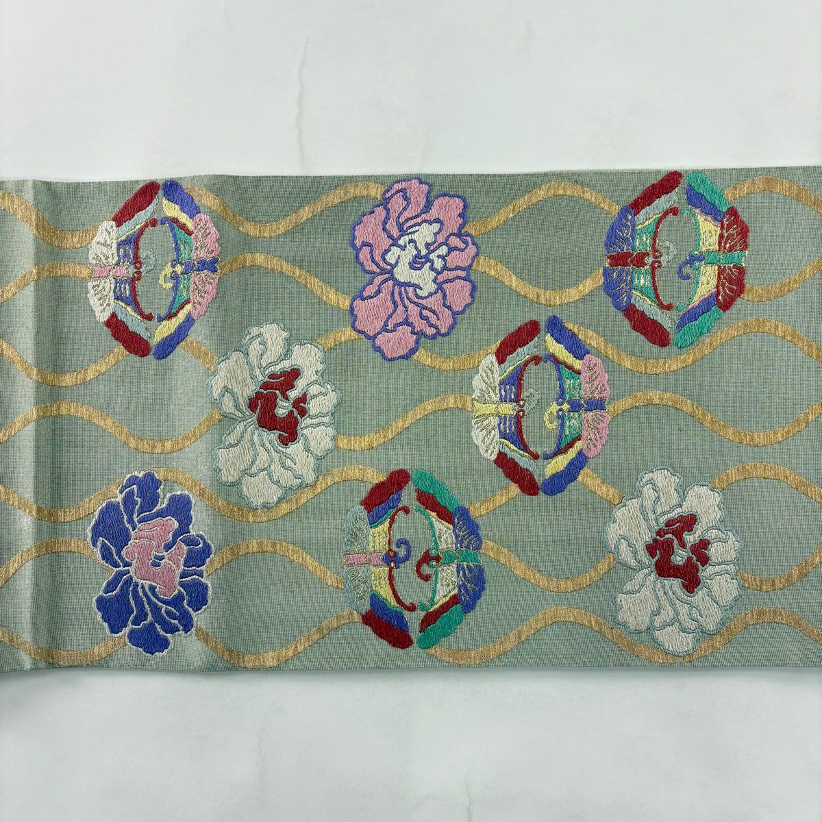 袋帶 秀品級 向蝶 牡丹 金糸 金金箔 灰綠 大鼓圖案 純蠶絲